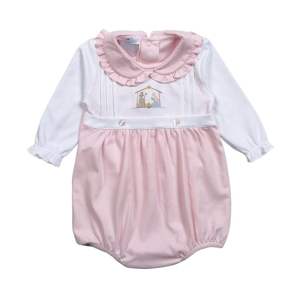 Baby Loren Girls Nativity Hand Embroidered Pima Bubble - Pink