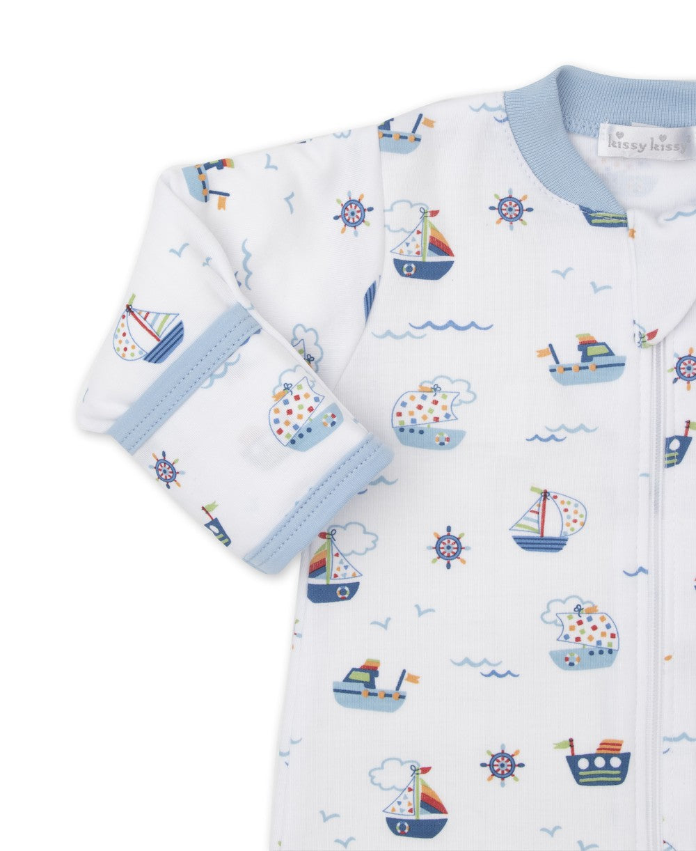 Kissy Kissy Baby Boys Blue Boats at Sea Footie with Zipper