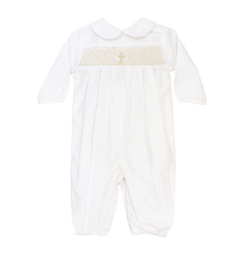 Bailey Boys Baby Romper - Ivory Smocked Christening Cross