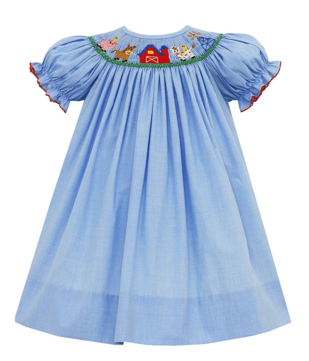 Petit Bebe Baby / Toddler Girls Light Blue Check Smocked Farm Dress