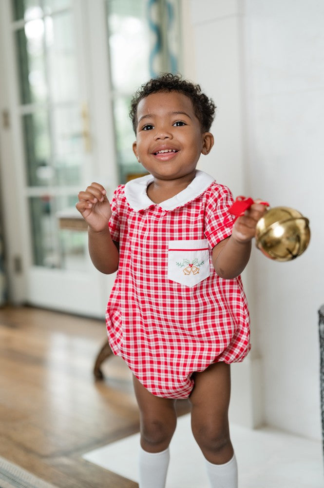 Proper Peony Baby Boys Christmas Bubble - Red Check Embroidered Golden Bells