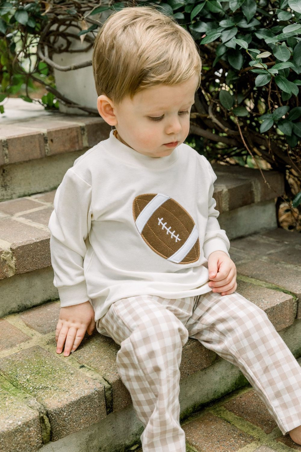 Bailey Boys Pants Set - Tan Checks with Applique Football Shirt