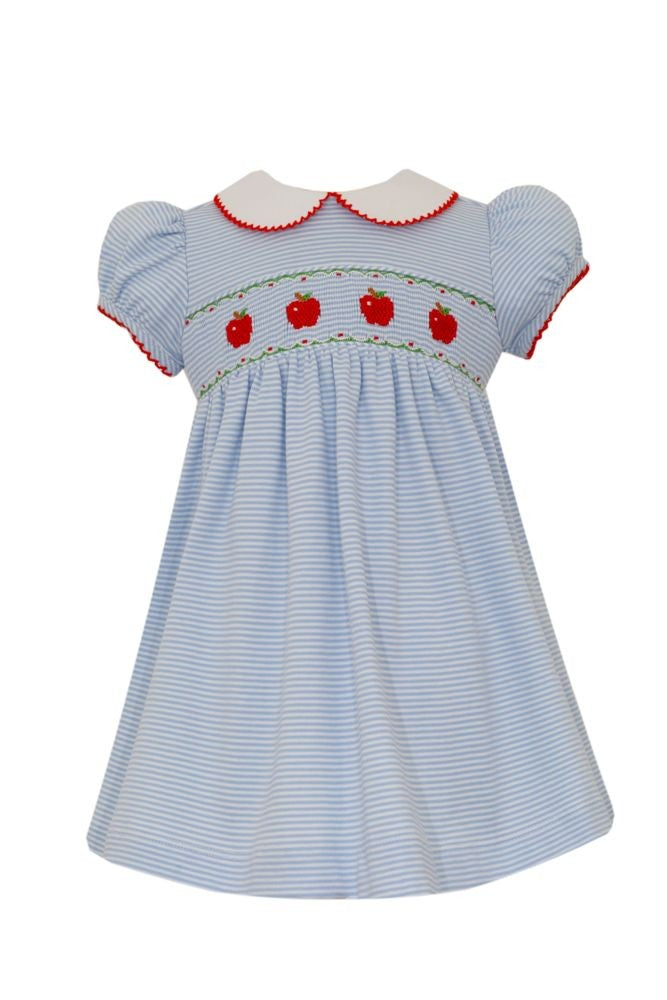Petit Bebe Knits Girls Light Blue Striped Dress with Collar - Smocked Apples