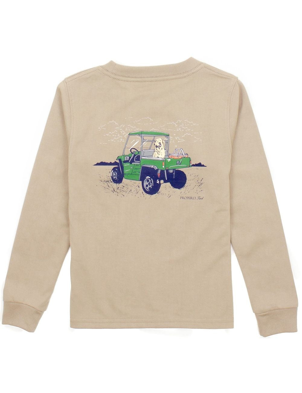 Properly Tied Boys Shirt - Logo Pocket on Front - Back Graphic - Side by Side Dog Ride on Tan Sand