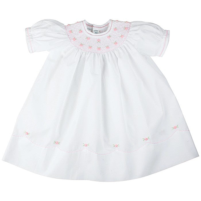 Feltman Brothers Baby Girls Sweet Midgie Bishop - White Dress Smocked in Pink