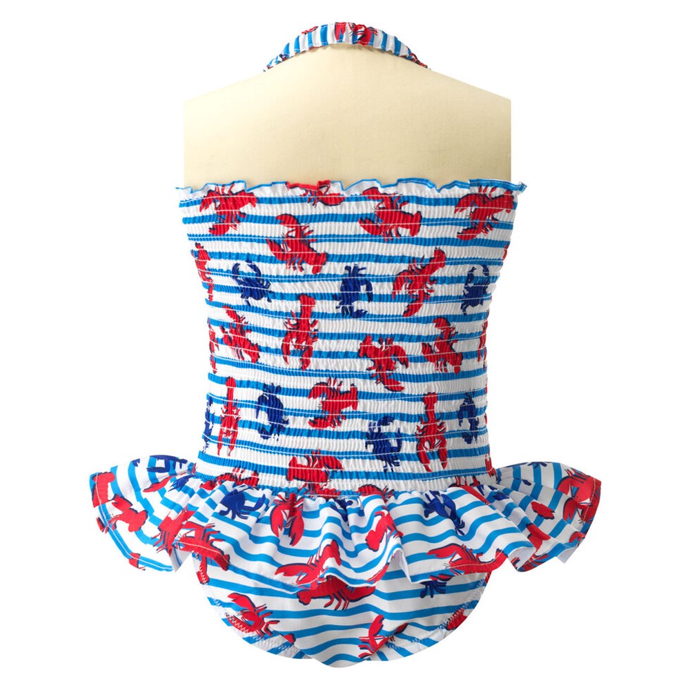 Rachel Riley Girls Blue with Red Lobsters Ruched Swimsuit