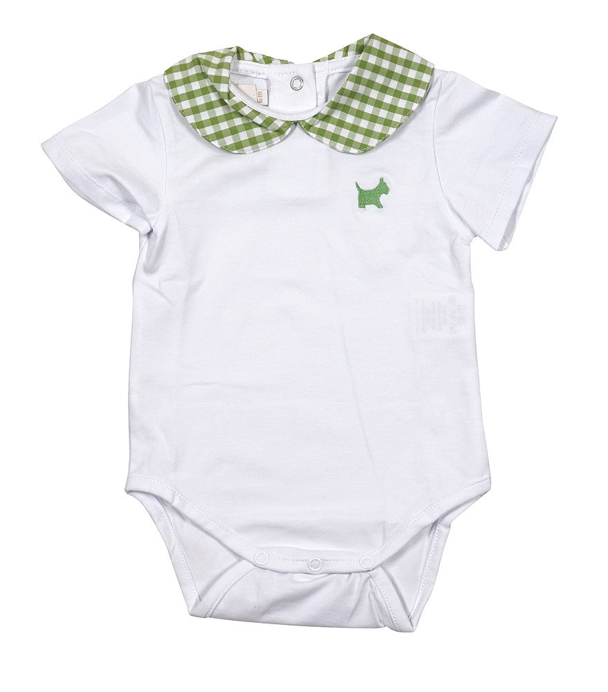 Sal & Pimenta Baby Boys Onesie - White with Green Checks Collar