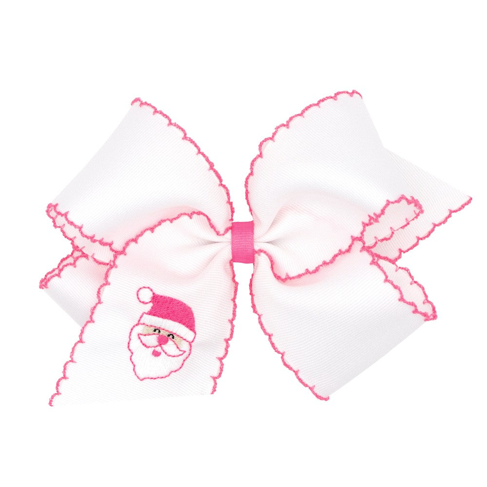 Wee Ones Girls Hair Bow - Pink Moonstitch - Embroidered Santa Face on White Bow