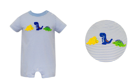 Claire & Charlie Baby Boys Knit Romper - Light Blue Stripes - Dinosaurs