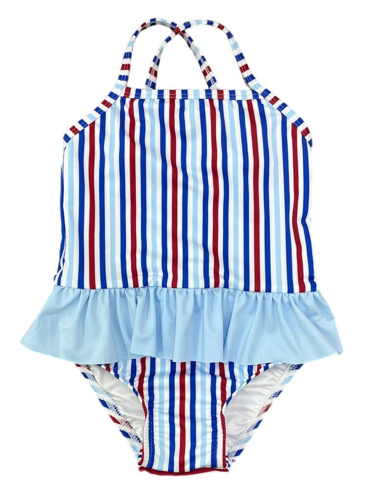 James & Lottie Girls Lainey Skirted Swimsuit - Patriotic Stripes