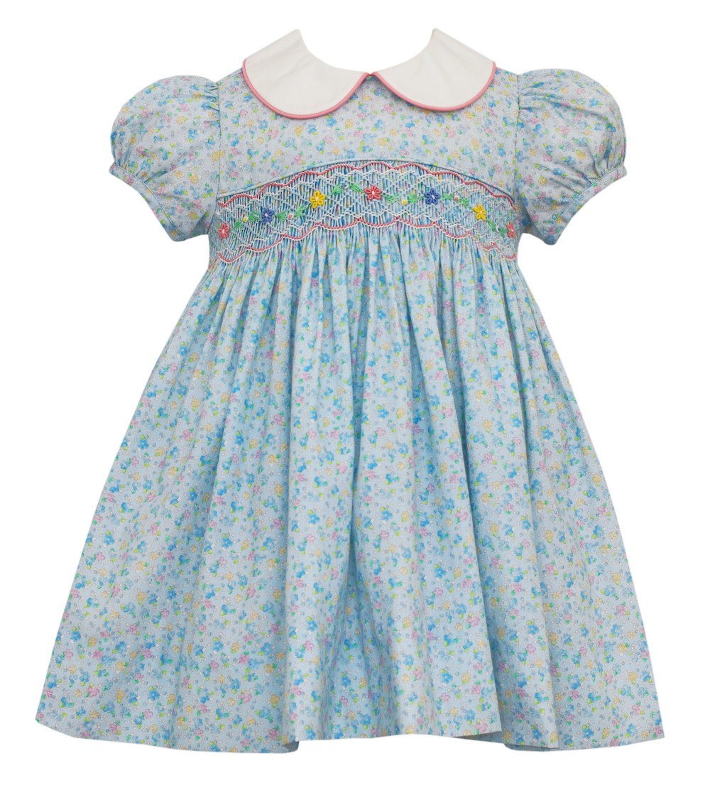Petit Bebe Baby / Toddler Girls Bonnie Blue Floral Smocked Dress with Collar by Petit Bebe