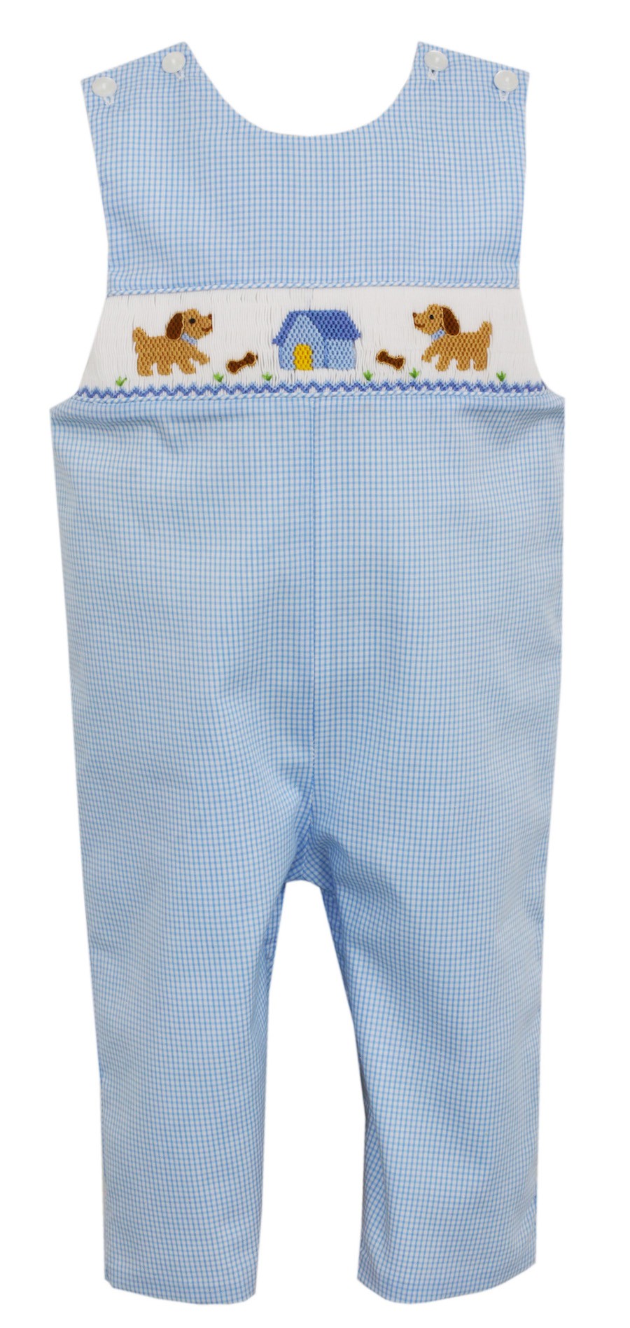 Petit Bebe Baby / Toddler Boys Light Blue Check Smocked Puppy Dog House Longall by Petit Bebe