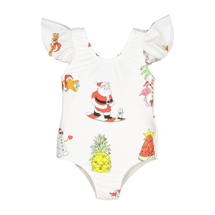 Sal & Pimenta Girls Swimsuit - Bow on Back - Santa on Christmas Holiday - White