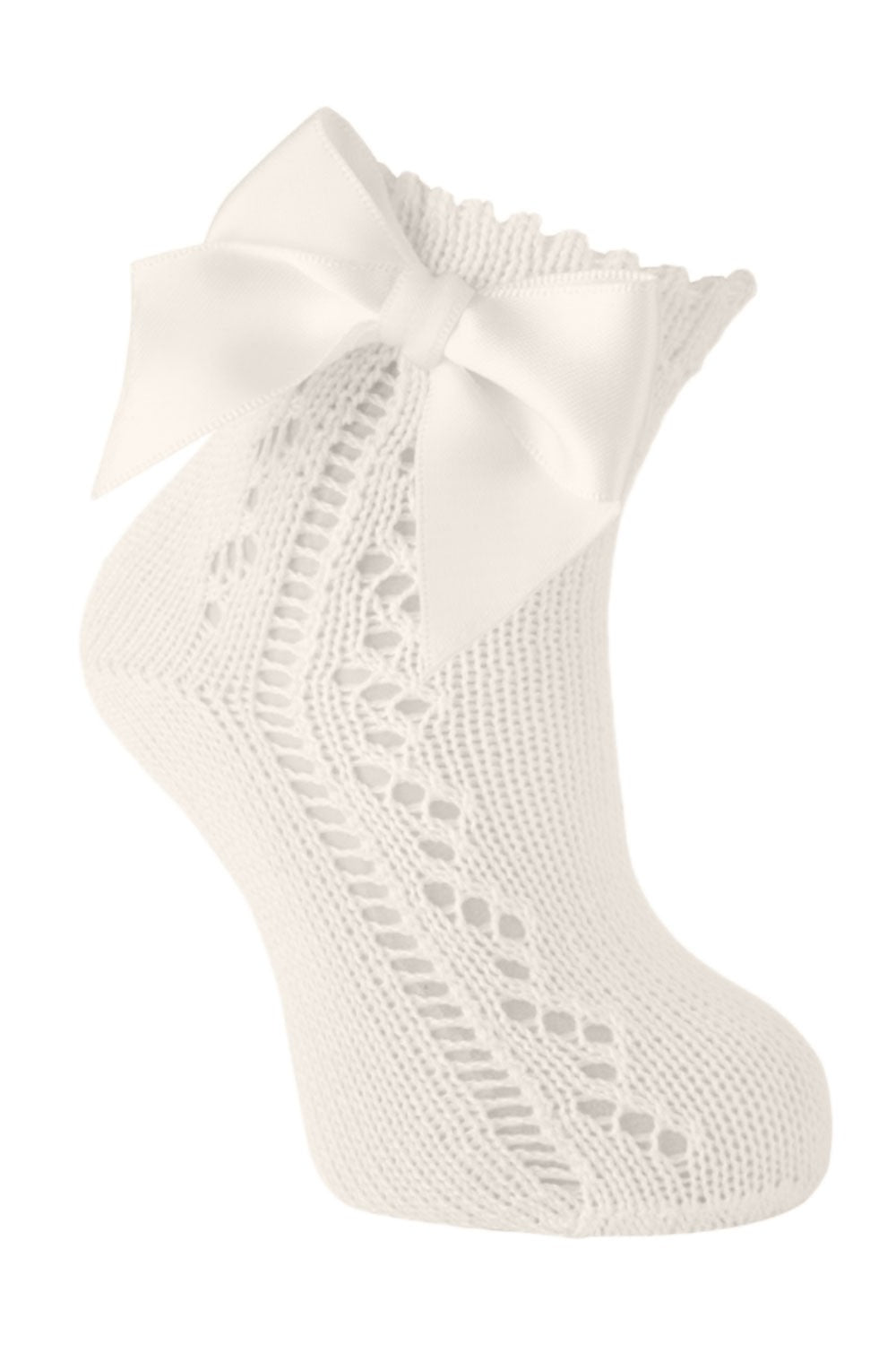 Carlomagno Socks - Girls Scottish Yarn Open Work Ankle Socks - Attached Bow - Natural Ivory
