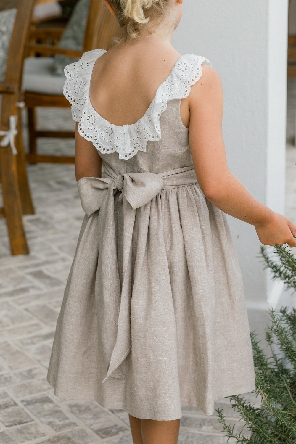 Bailey Boys Girls Flax Linen Dress - V-Back Ruffle Collar and Sash