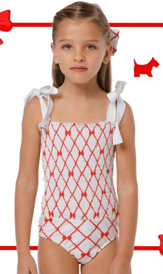 Sal & Pimenta Girls Swimsuit - Smocked Christmas Red Bow Trellis