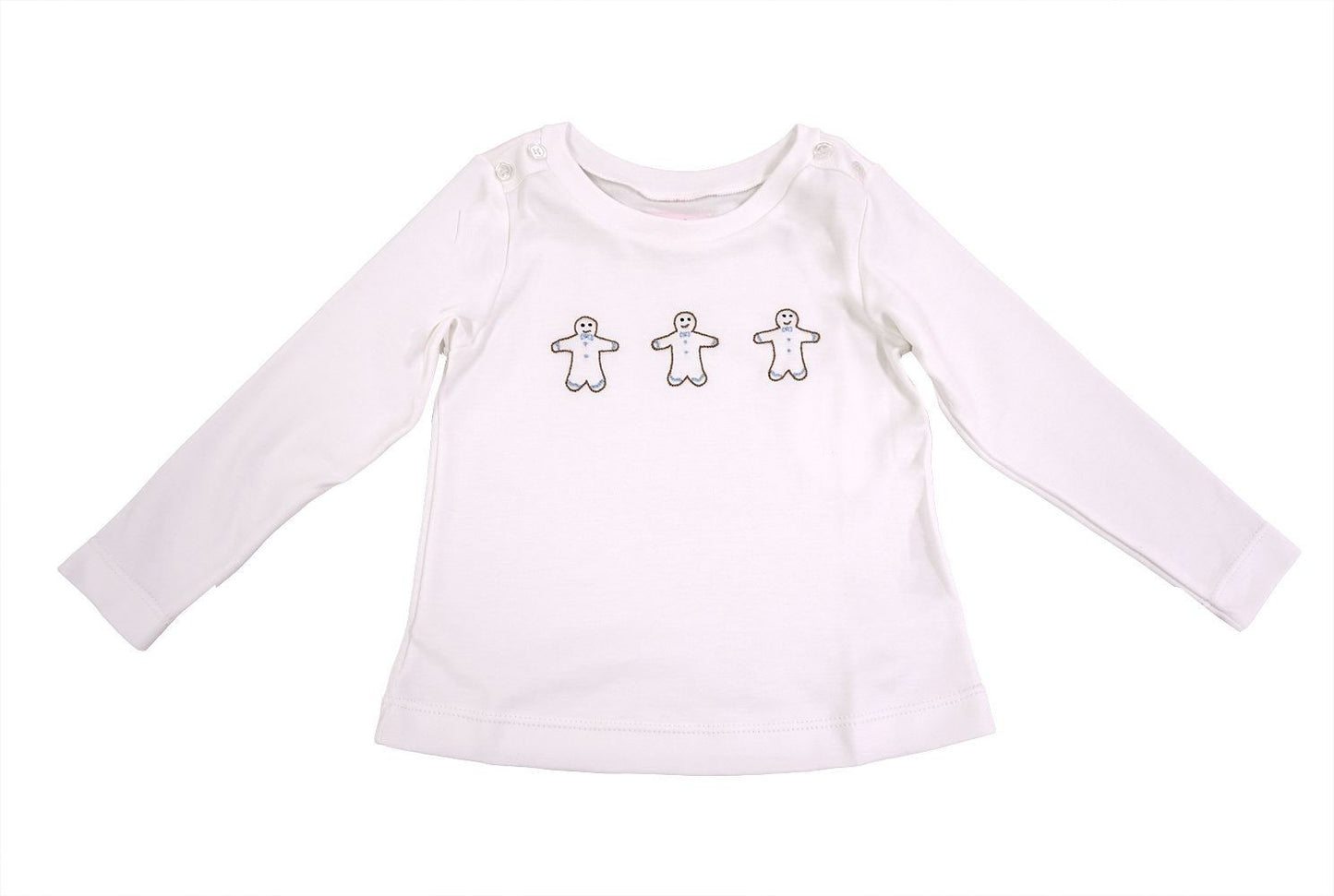 Peggy Green Boys White Shirt - Blue Christmas Gingerbread Embroidery