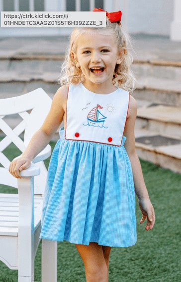Proper Peony Girls Sun Dress - Blue Vineyard Sailboat