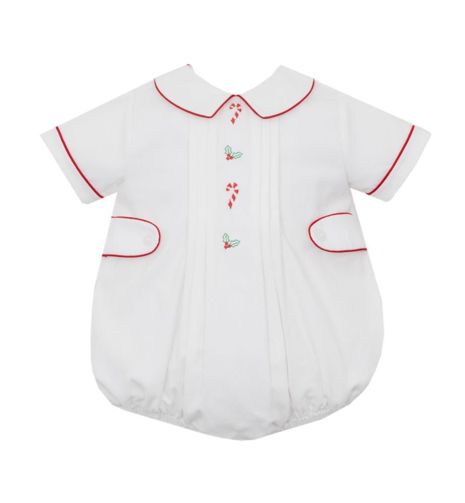 Anavini Baby Boys Winter White Corduroy Bubble - Embroidered Christmas Holly & Candy Canes