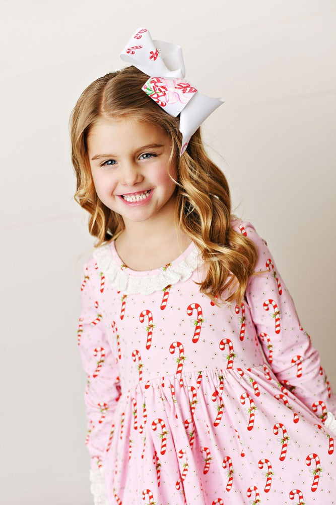 Swoon Baby Girls Eyelet Trim Pocket Dress - Pink Candy Canes Print