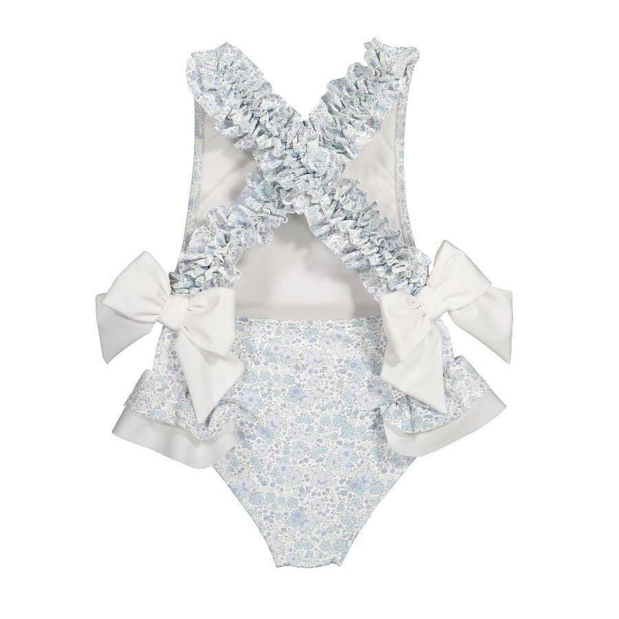 Sal & Pimenta Girls Blue Ditsy Floral Swimsuit - Bows at Hips