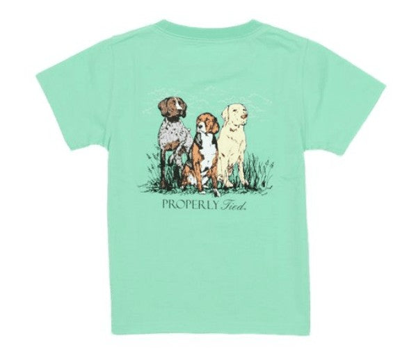 Properly Tied T-Shirt - Logo Pocket on Front - Back Graphic - Triple Dogs on Wash Green by Properly Tied