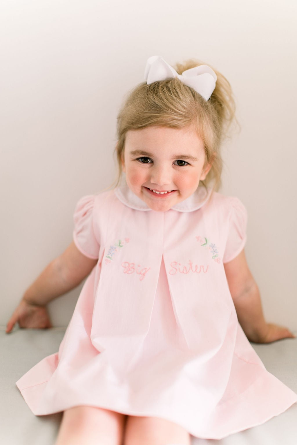 Proper Peony Girls Embroidered Big Sister Dress with Collar - Pink