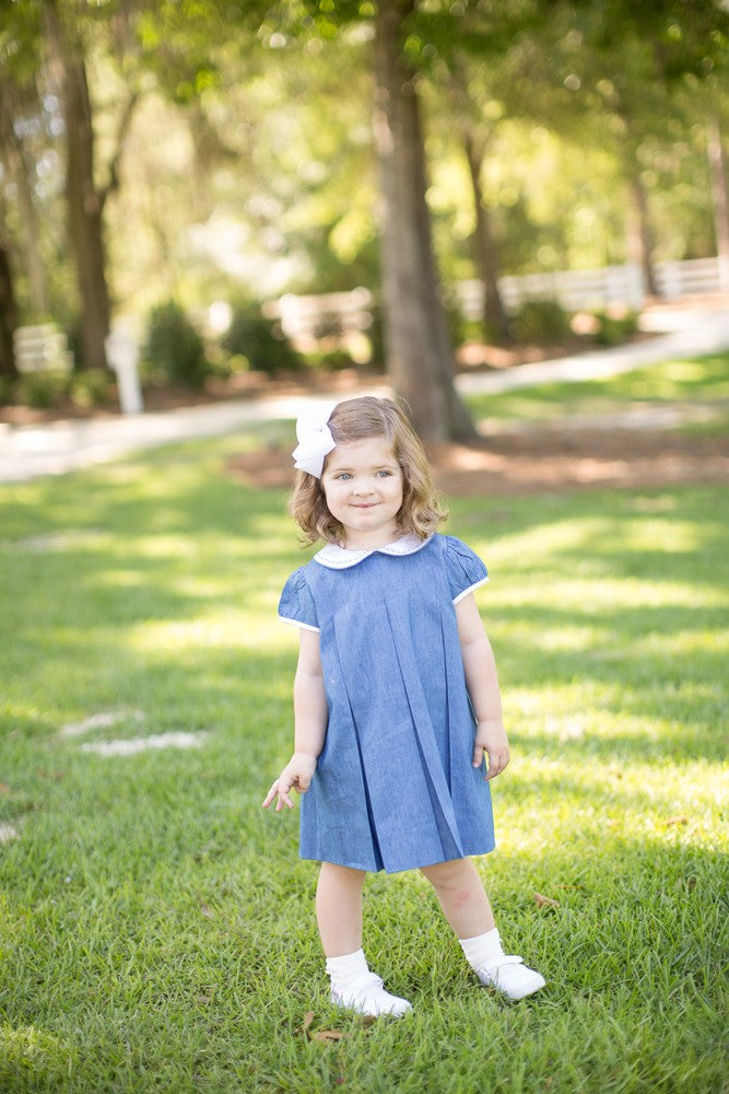 Proper Peony Girls Dress - Blue Chambray Cannon Pleat
