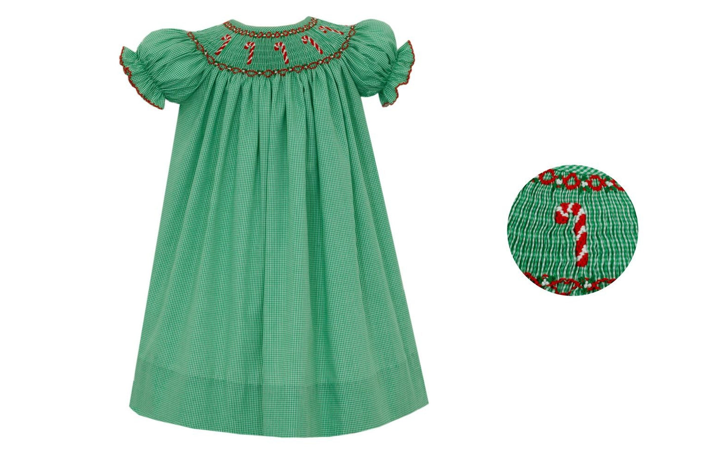 Anavini Velani Girls Green Gingham Bishop Dress - Smocked Candy Canes