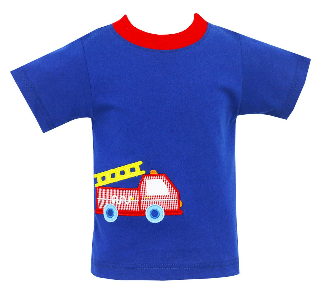 Claire & Charlie Boys Royal Blue Shirt - Applique Firetruck