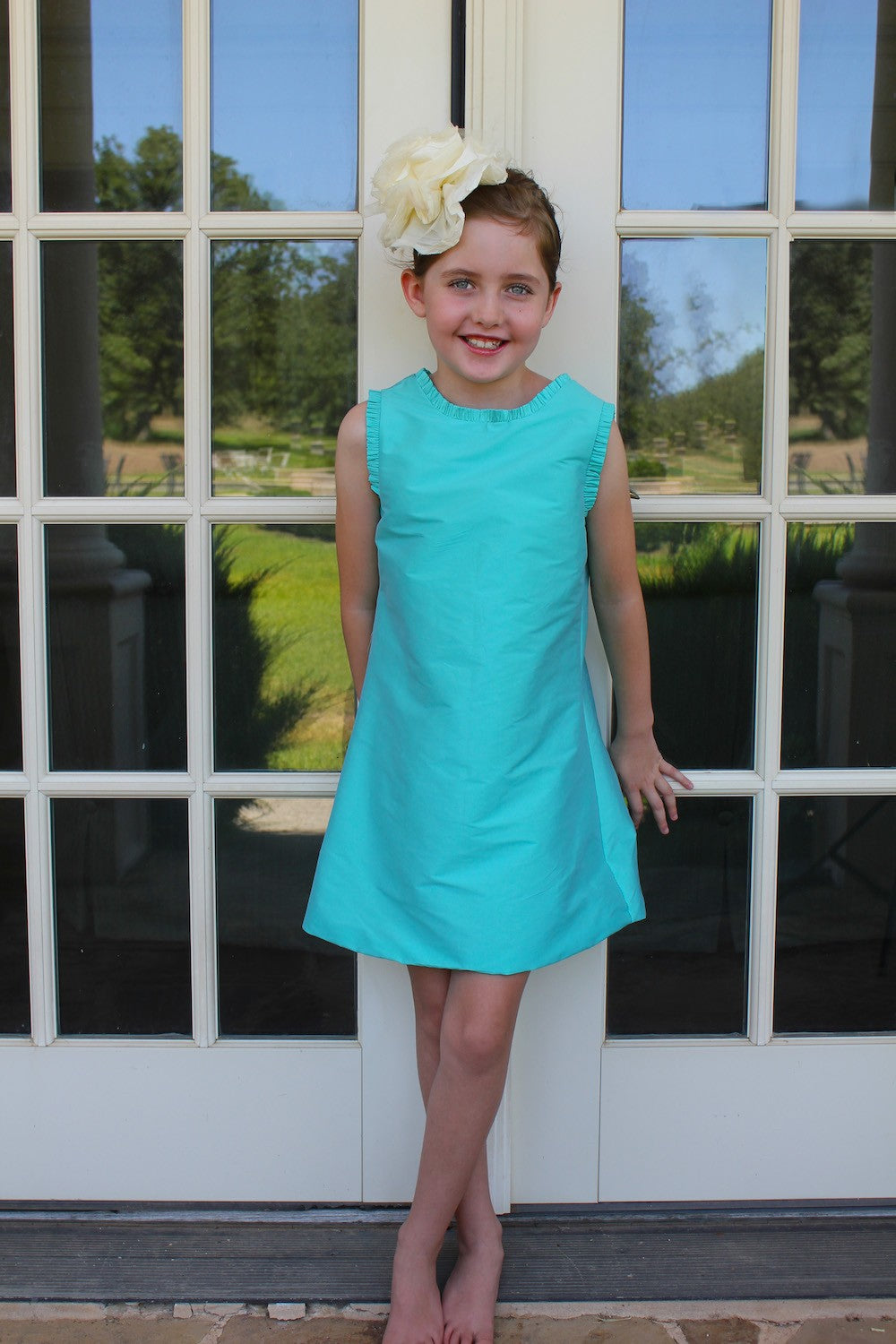 Susanne Lively Girls Party Dress - Capri Blue - Ruffle Neck A-Line