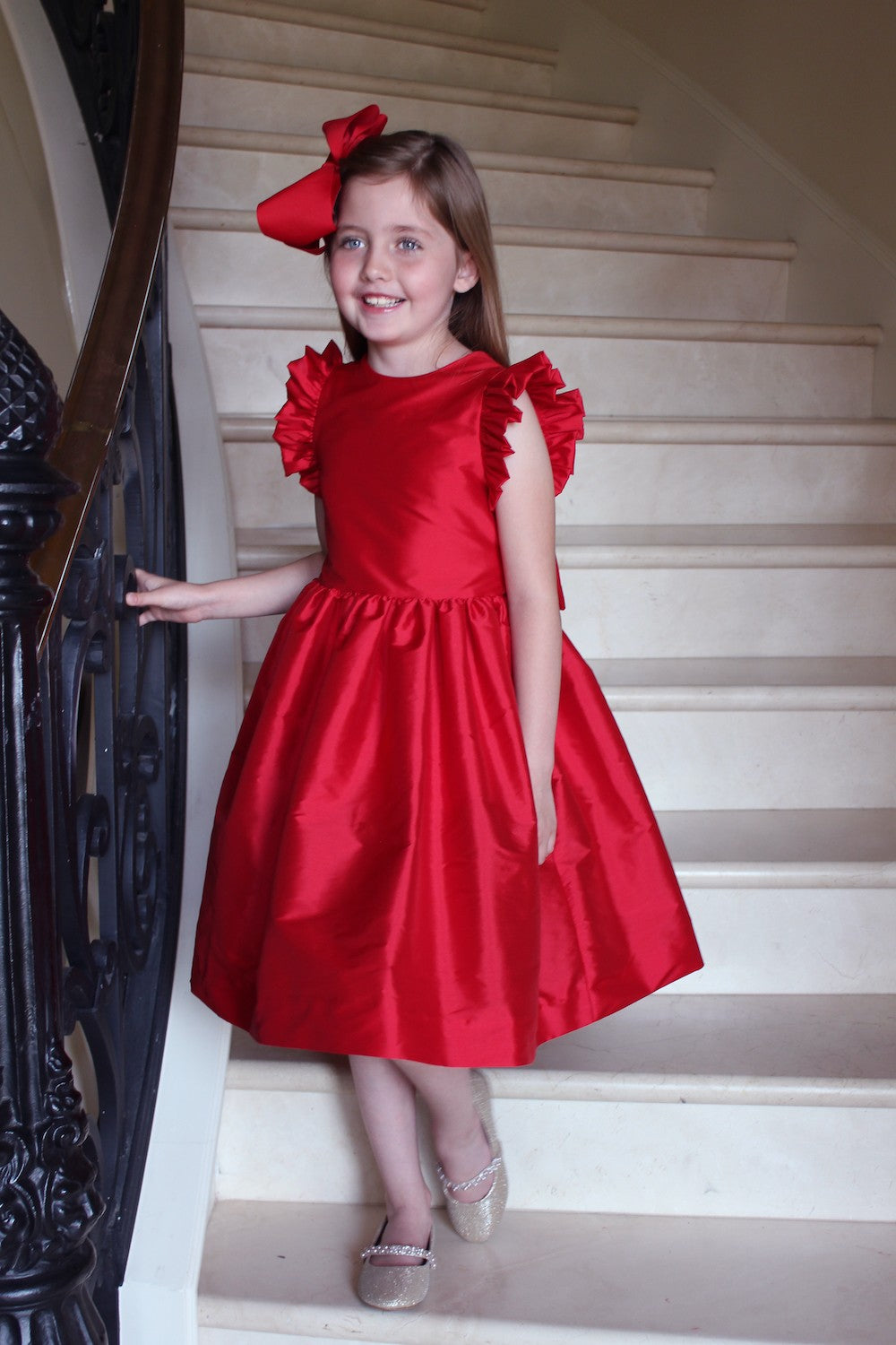 Susanne Lively Girls Christmas Holiday Party Dress - Flutter Sleeves & Sash - Red