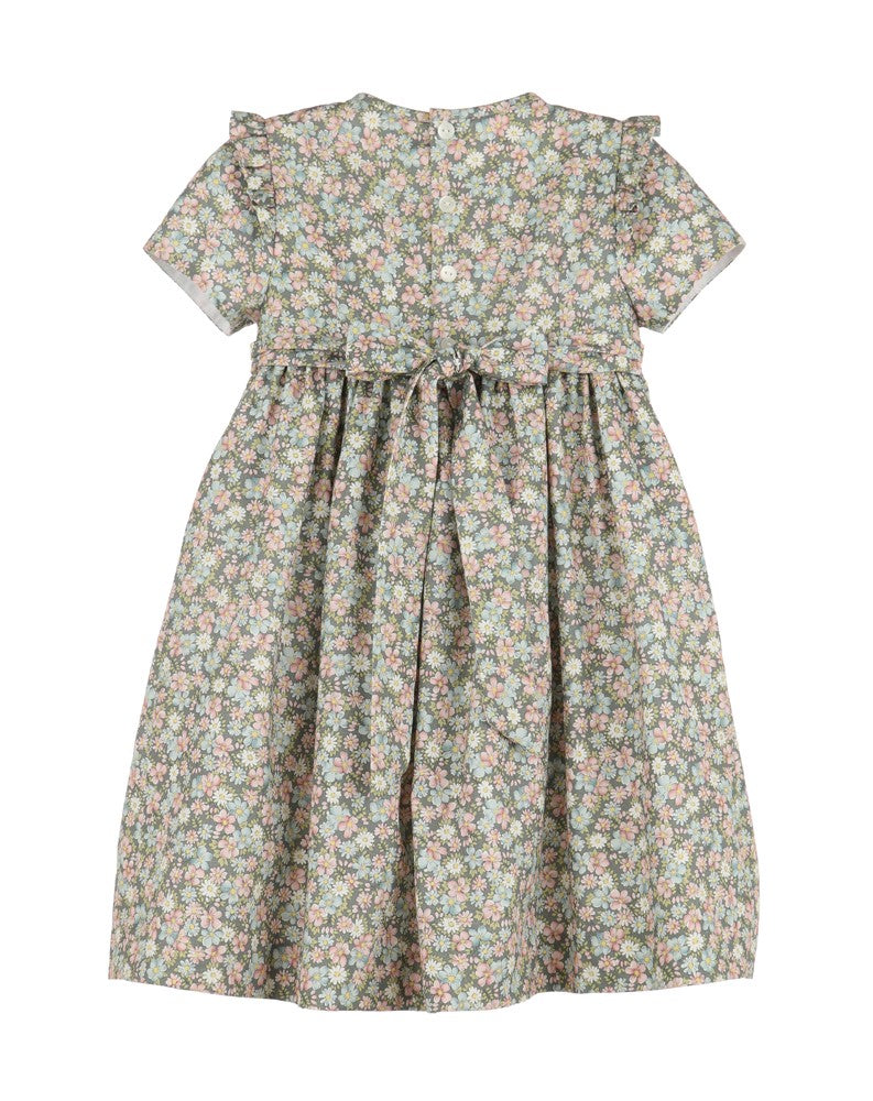 Luli & Me Girls Forest Green Floral Dress - Fully Smocked Bodice