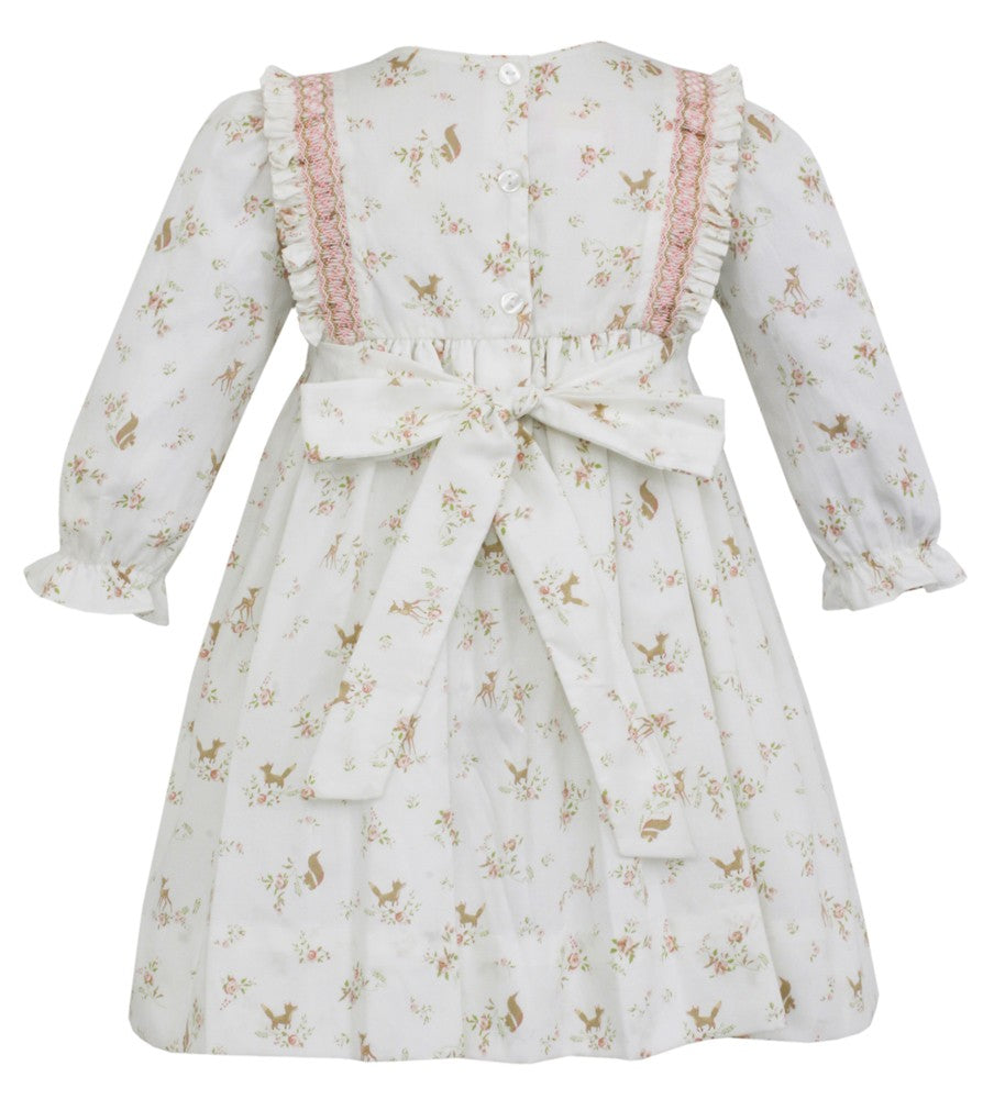 Claire & Charlie Girls Ivory Reindeer Print Dress - Smocked Ruffles and Sash by Claire & Charlie