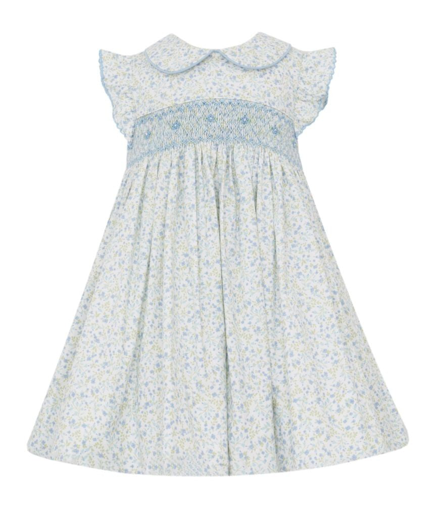 Petit Bebe Girls Blue Floral Smocked Dress with Collar