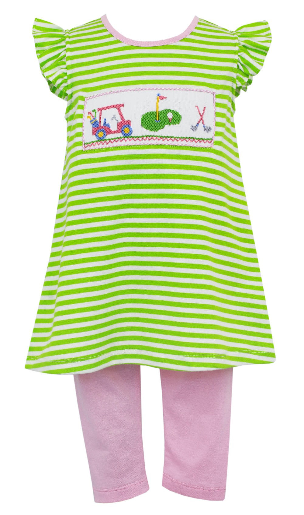 Anavini Girls Green Stripe Knit Smocked Golf Theme Tunic with Pink Leggings