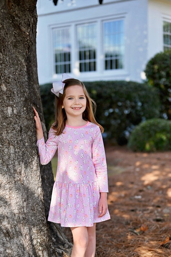 James & Lottie Girls Loren Drop Waist Dress - Pink Halloween Ghosts