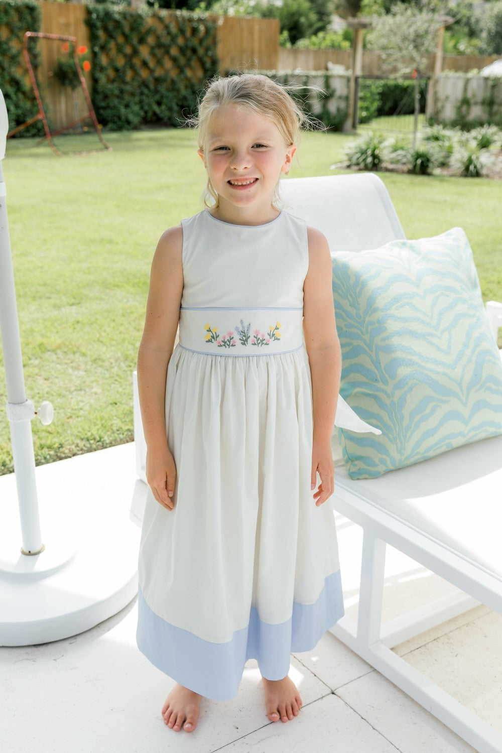 Bailey Boys Girls Heritage Blue Floral Sleeveless Empire Dress - Embroidered Waist