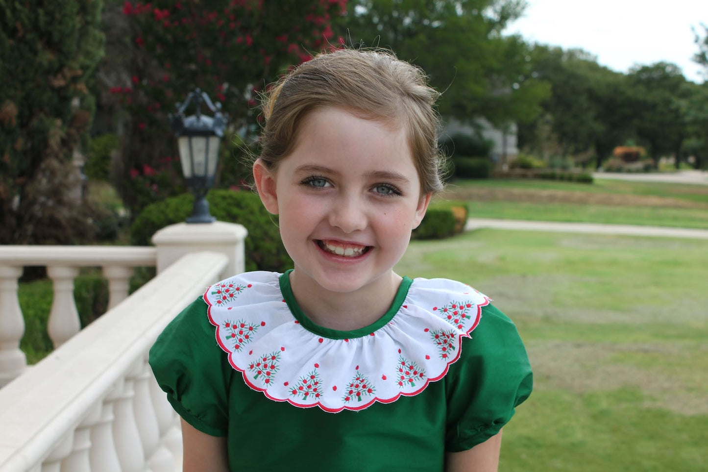 Susanne Lively Girls Emerald Green Dress - Embroidered Christmas Trees Ruffle Collar