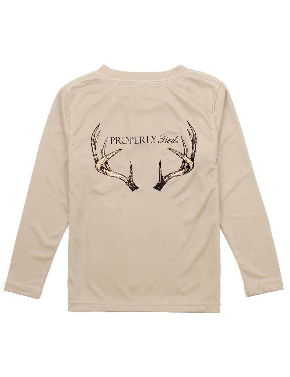 Properly Tied Boys Performance Tee Shirt - Logo Pocket on Front - Back Graphic - Vintage Antlers on Sand Tan