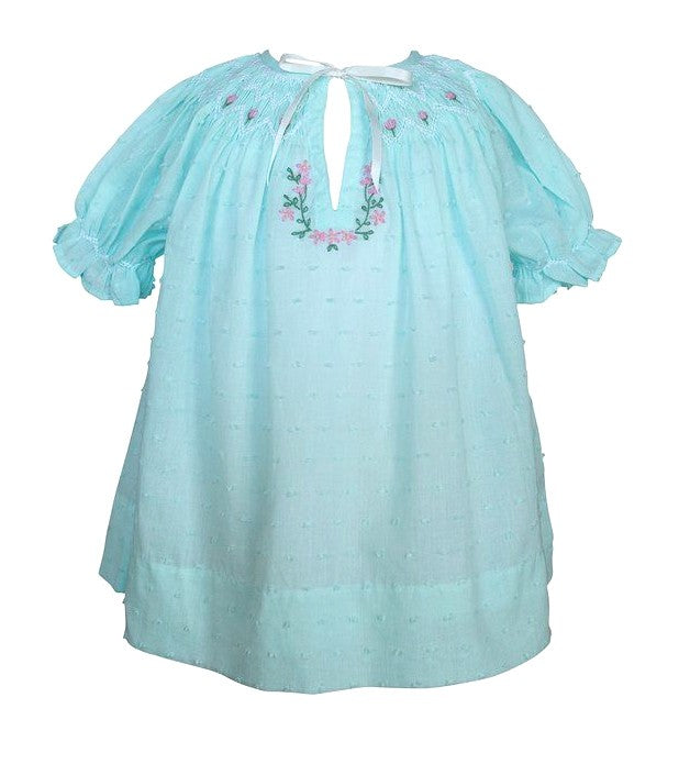 Proper Peony Baby / Toddler Girls Antoinette Dress - Aqua Swiss Dot Smocked Raglan Sleeve Bishop