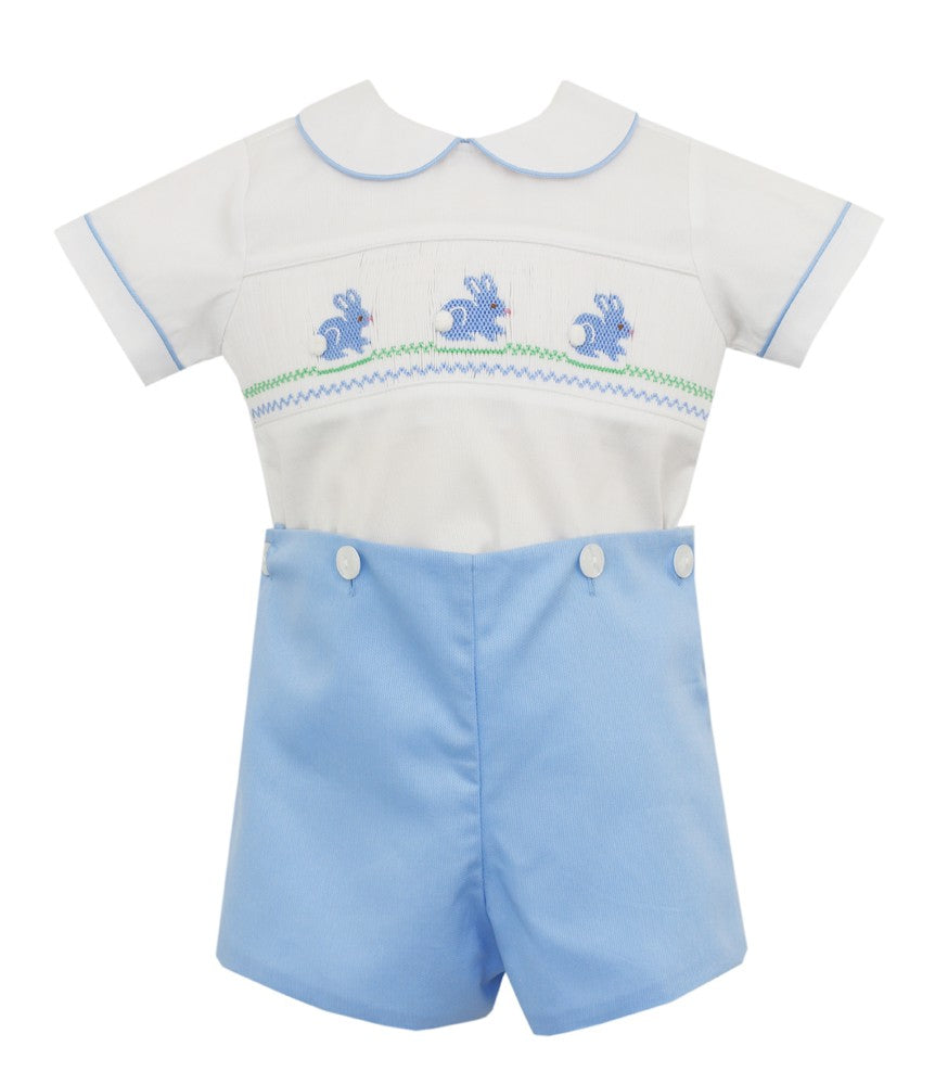 Anavini Boys Blue Pique Smocked Easter Bunny Parade Button On Shorts Outfit