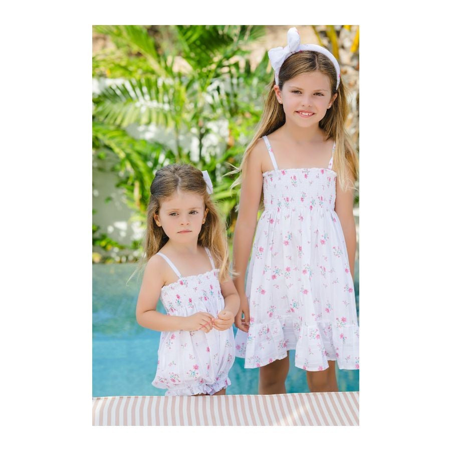Sal & Pimenta Girls Smocked Bubble - Hot Pink Bouquet Floral