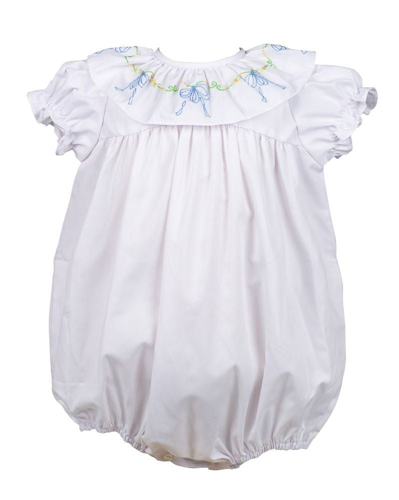 Proper Peony Girls Beatrice Bow Bubble - White - Blue Bow Embroidery