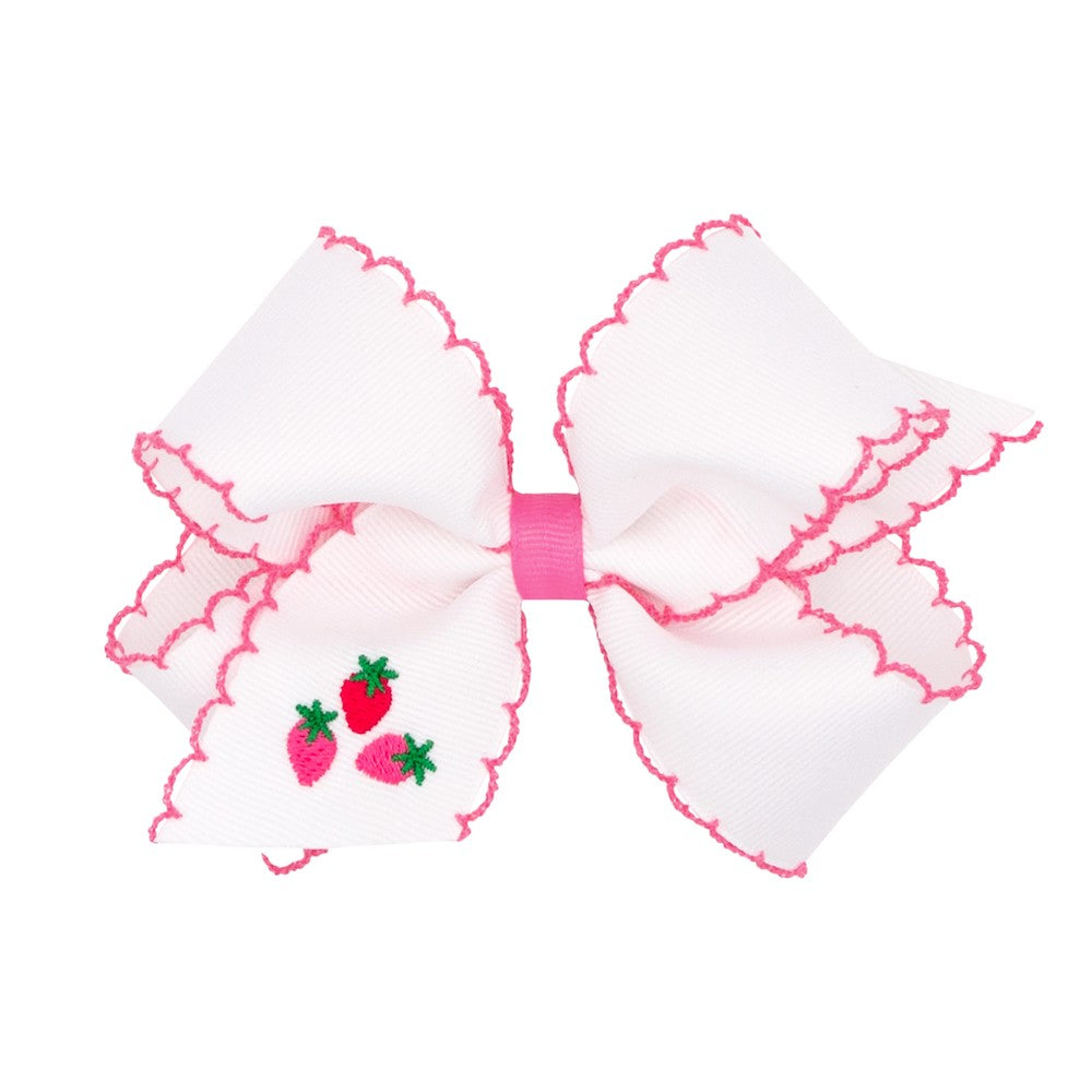 Wee Ones Girls Hair Bow on Clip - White with Pink Moonstitch - Tiny Strawberry Trio