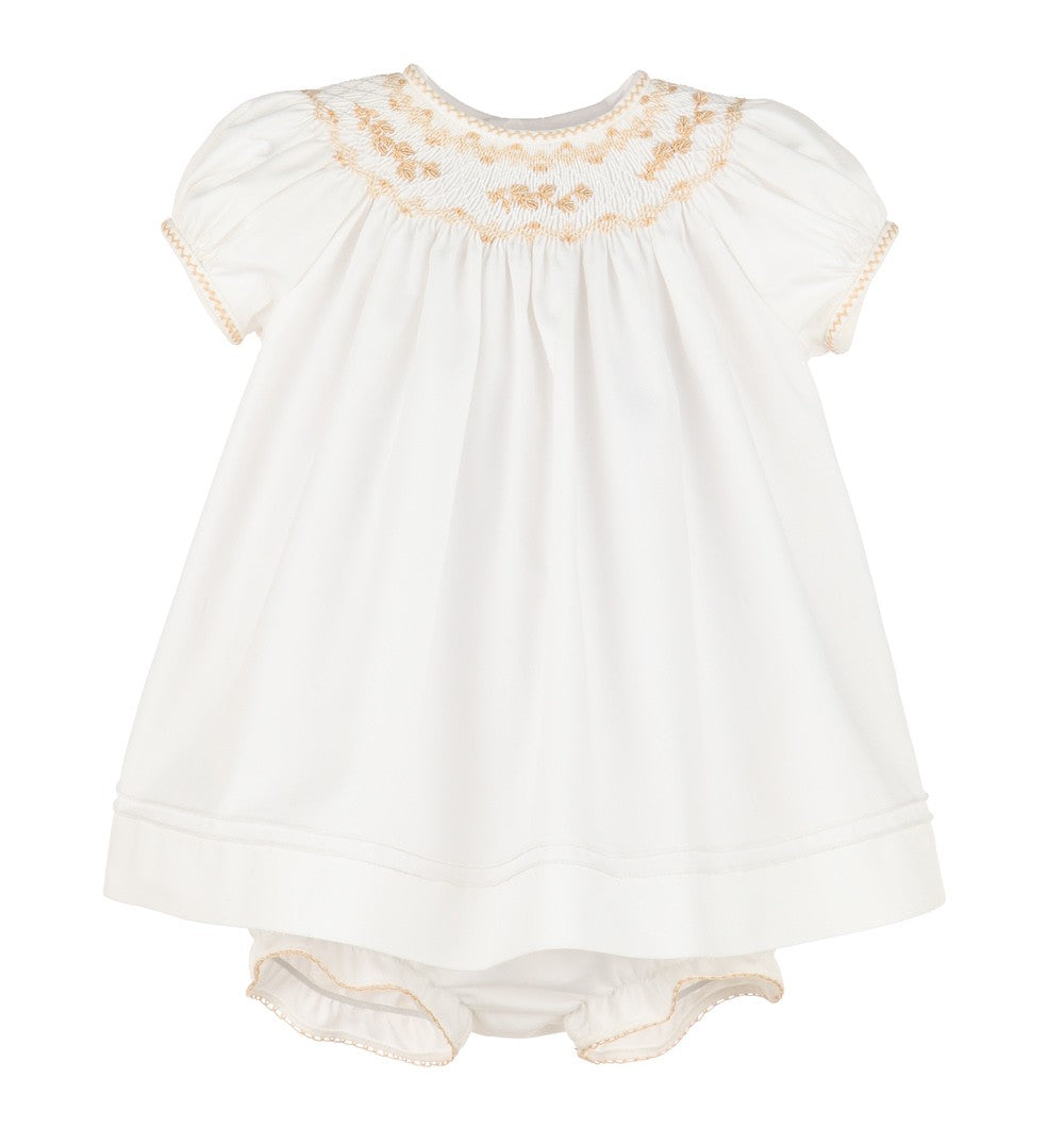Luli & Me Baby Girls Ivory & Beige Smocked Vintage Bishop Dress 0-3M Luli & Me Baby Girls Ivory & Beige Smocked Vintage Bishop Dress 0-3M