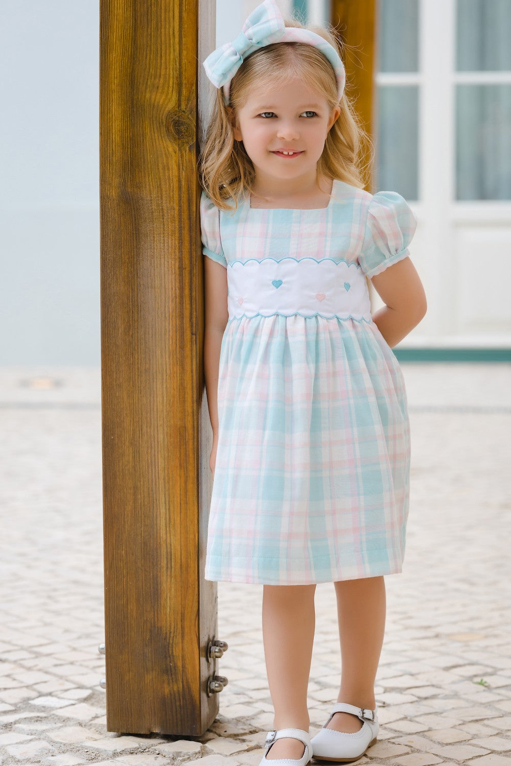 Sal & Pimenta Girls Dress - Pink & Blue Breeze Plaid - Embroidered Hearts & Sash