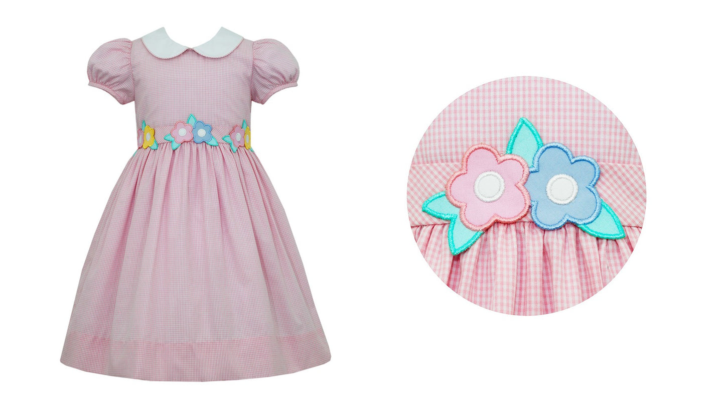 Claire & Charlie Girls Pink Gingham Dress - Pastel Flowers at Waist