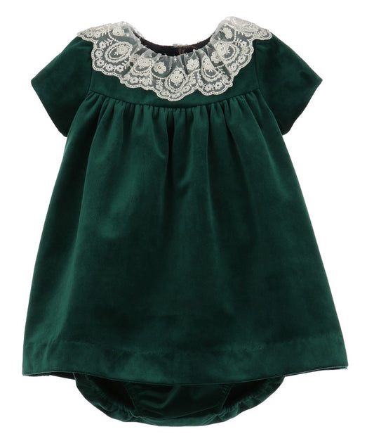 Luli & Me Girls Deluxe Velvet Float Dress - Lace Collar - Green