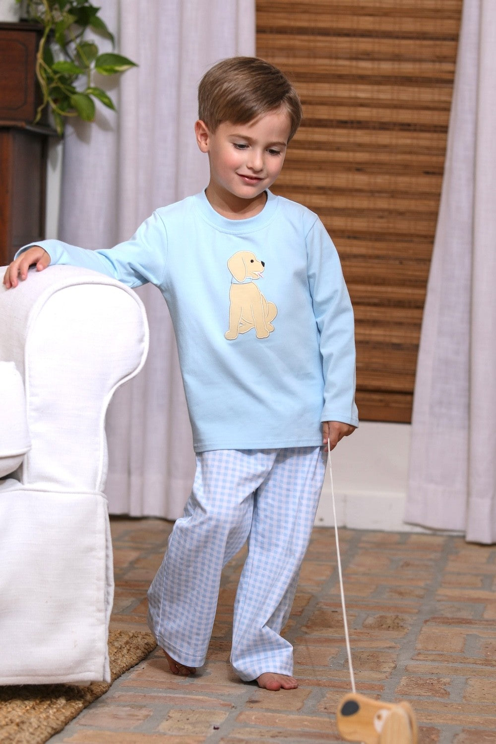 Trotter Street Kids Toddler Boys Pants Set - Blue Gingham Puppy Dog by Trotter Street Kids